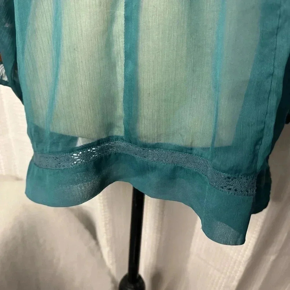 Anu Gorgeous Women’s Turquoise L/S Rayon Chiffon Embroidered Sheer Large Top - Picture 4 of 14